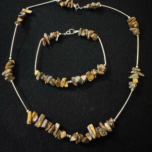 Handcrafted Tiger Eye Chip Necklace & Bracelet Set